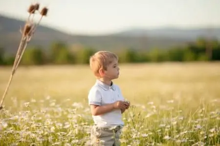 Gaelic boy standing in the middle of flowering meadow