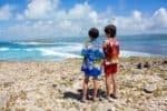 Hawaiian kids wearing Aloha shirts looking at the ocean waves