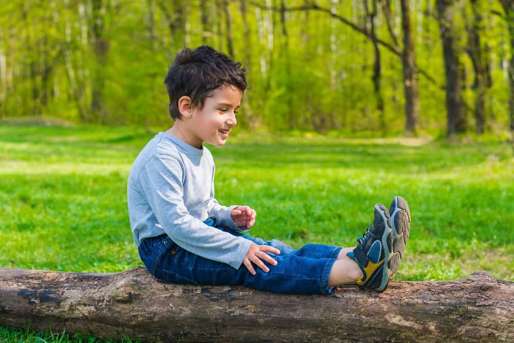 Cheerful Welsh boy sitting on a log in the woods
