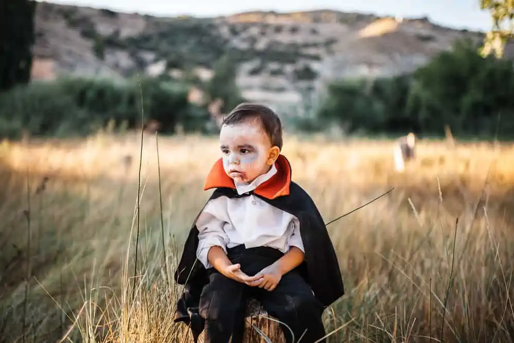 Little young boy in dracula costume sitting in the meadow