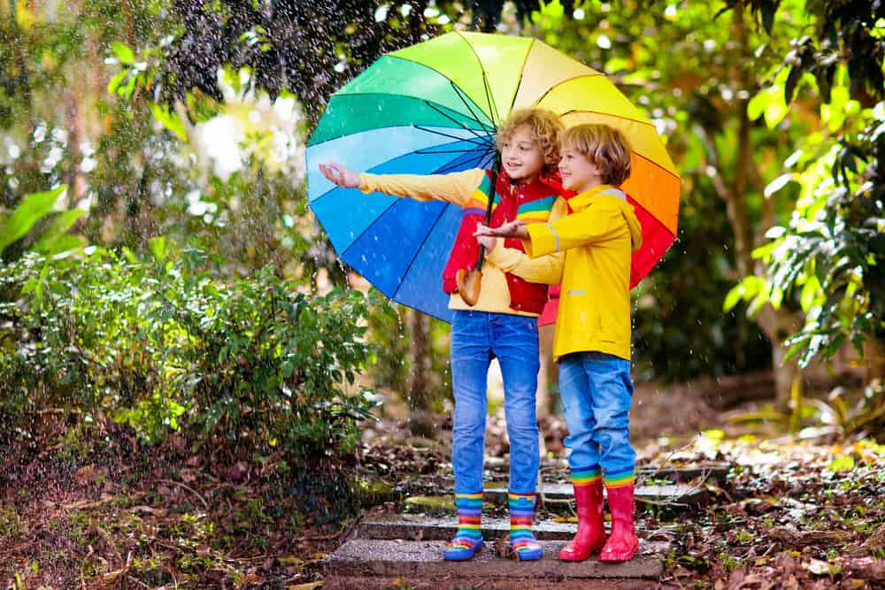 Two adorable kids holding colorful umbrella in the forest under autumn rain