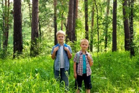 Two young boys with backpacks walking in a summer forest looking at the camera
