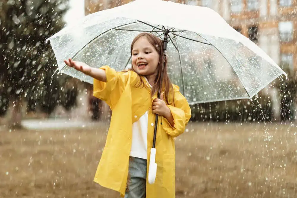 Happy girl in yellow raincoat under umbrella catching raindrops outside